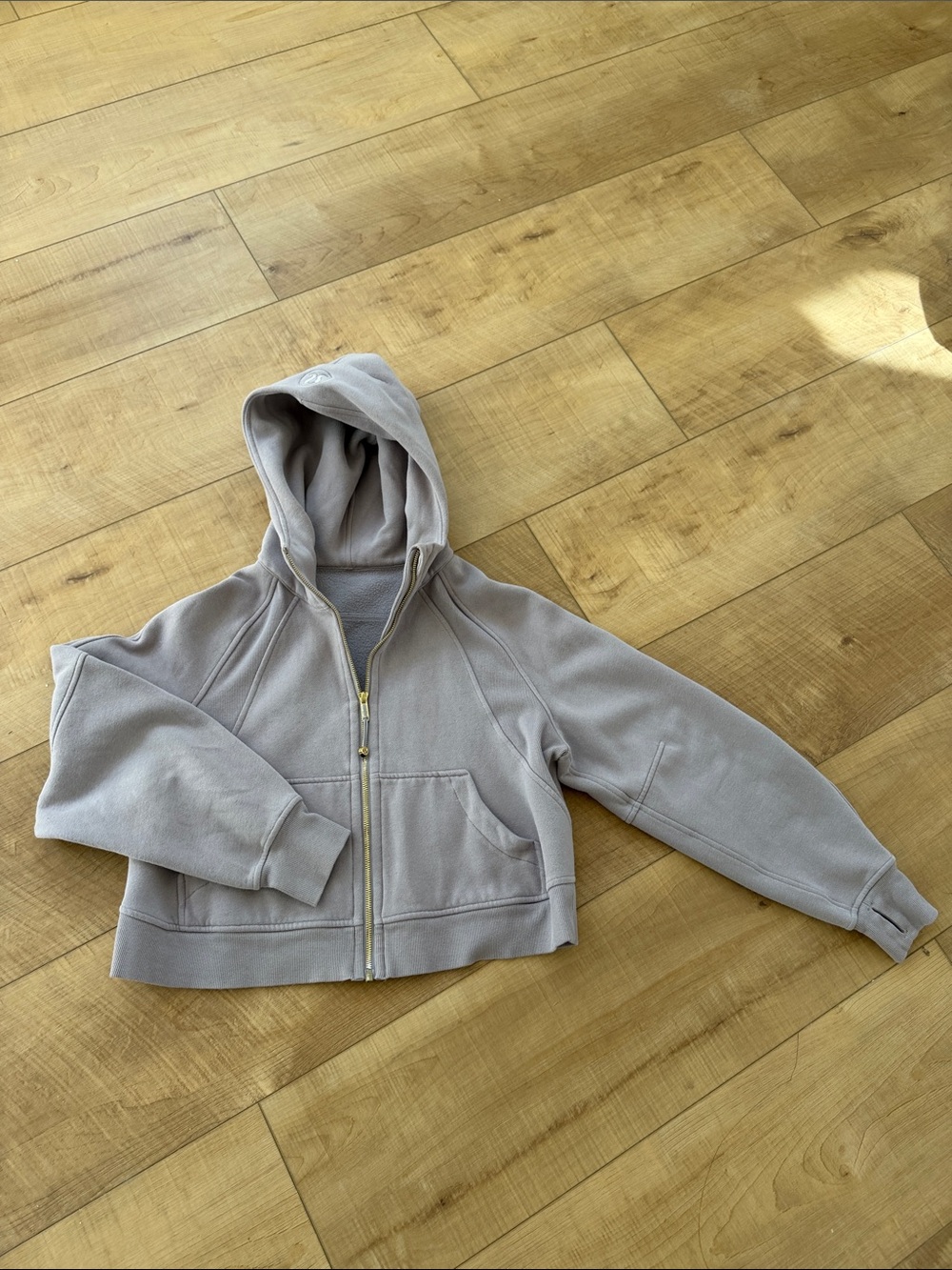lululemon athletica cropped hoodie in taupe with gold zipper